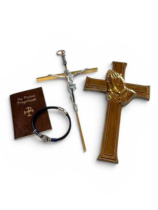 unknown Other - MCM Gold & Silver Crucifix Set w/ Praying Hands Cross, Italian Bracelet & Prayer